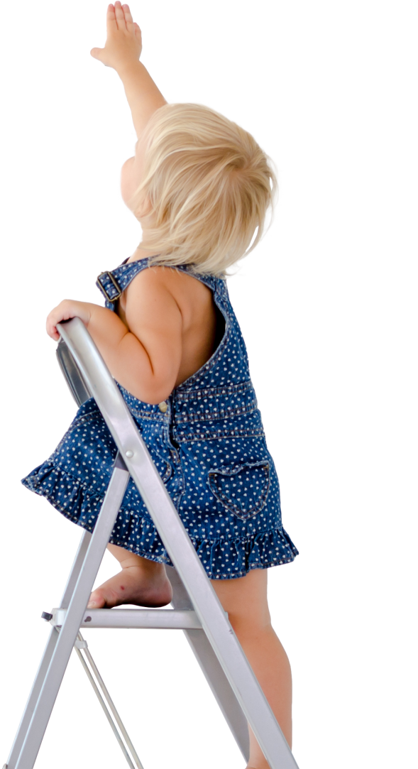 child on ladder reaching